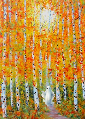 ACEO Halloween Ghost In The Aspens (2,5" x 3,5") assinado pelo artista-Lua Cheia - Imagem 1 de 4