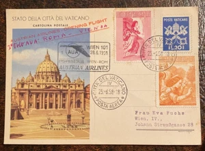 Cartolina PRIMO VOLO COMPAGNIE AEREE AUSTRIACHE - Città del Vaticano 1958 a Vienna, Austria - Foto 1 di 2