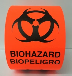 Br/Rosso BIOHAZARD D.O.T. Etichette avvertenze spedizione (3"x5", 250/rotolo) - Foto 1 di 3