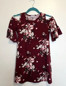 Chenault Girl Cold Shoulder Dress Girls Size 10 Burgundy Red Pink Floral - Picture 1 of 4