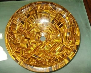 Fregadero de mármol redondo de 12" lavabo incrustación ojo de tigre baño cocina decoración del hogar s11 - Imagen 1 de 4