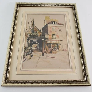 Opera d'arte vintage scena di strada villaggio stampa a matita colorata incorniciata opaca 73/4"x93/4" - Foto 1 di 8