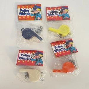 Lot (4) Vtg Police Whistle Toys w/ Chains Blue Orange Yellow White Hong Kong NEW - Picture 1 of 8