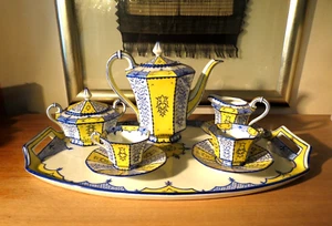 Servizio moka originale Art Déco dipinto, Sonntag & Söhne W Buhe giallo-blu, rarità - Foto 1 di 17