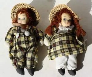 Porcelain Doll Set of 2 Girls Dress Overalls Straw Hats Pigtails Yarn Hair CUTE - Picture 1 of 1