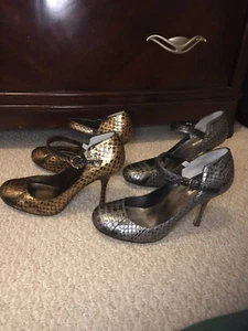 MaxStudio Genuine Snakeskin Women Mary Jane Pump 7.5 M Gold Grey Gray New - Picture 1 of 15