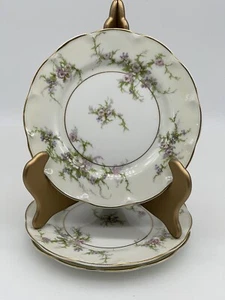 3 Theodore Haviland NY 6.5" Bread Butter Plates ROSALINDE Pink Purple Gold rim - Picture 1 of 5