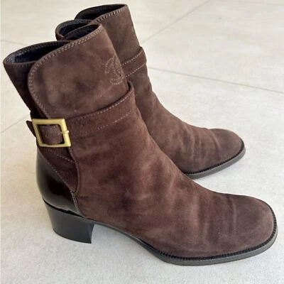 香奈儿 CC 标志复古棕色 Suade 短靴粗跟 EU 38.5 码 — 第 1/4 张图片