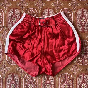 Vintage 40s 50s Striped Satin Gym Shorts S/M Belted Navy Military USA Basketball - Picture 1 of 10