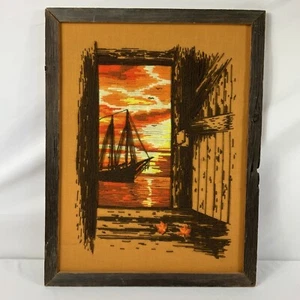 VTG Nautical Paragon Sunset Crewel Embroidery Art Raw Wood Framed 25.5” by 20” - Picture 1 of 6