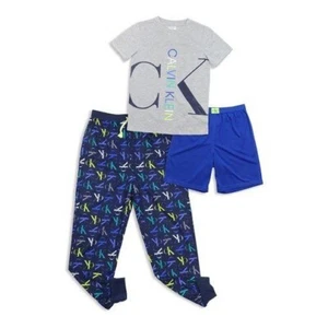 Calvin Klein 3 PIECES Boys Navy & Gray Logo-Print Joggers Pajama Set M7/8 NWT - Picture 1 of 11