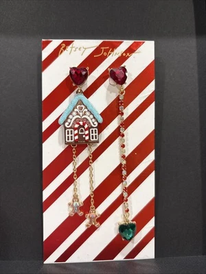 Betsey Johnson Jingle Bell Bling Gingerbread House Mismatch Boy Girl Earrings - Image 1 of 4