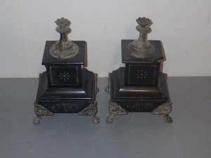 Antique French Style Candlestand Set, Green Marble & Metal, 8" Tall - Picture 1 of 15