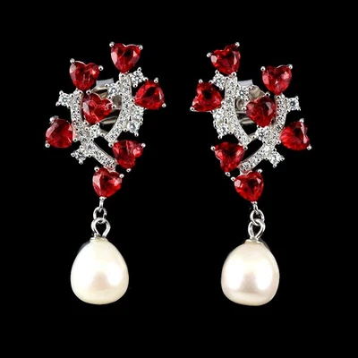 925 Sterling Silver Earrings Heart Red Topaz 4mm Pearl Natural Gemstone Jewelry - Image 1 of 4