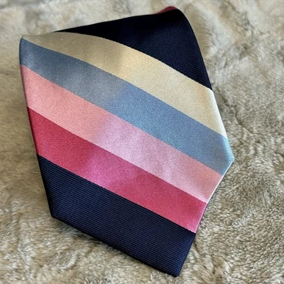 Nautica 粉色蓝色和象牙色条纹丝绸领带全新无标签 4 英寸宽 59 英寸长  — 第 1/4 张图片