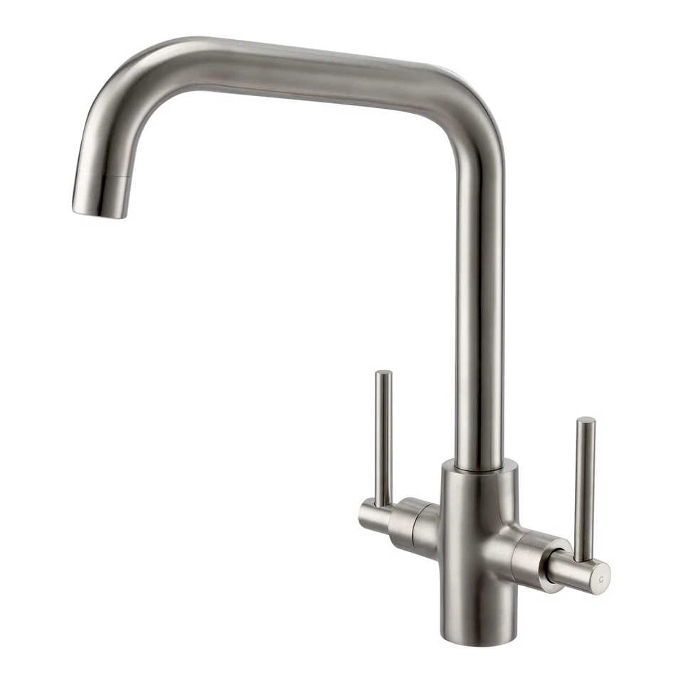 Brushed Steel Kitchen Tap Peppermint Dual Lever Kitchen Mixer Taps 1 Hole
