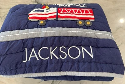 Pottery Barn Kids Busy Trucks Toddler Quilt Navy Monogram “JACKSON” - Image 1 of 4