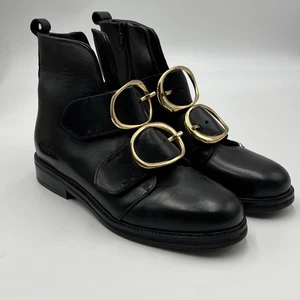 Maje Felipe Buckle Leather Moto Biker Black Ankle Boots Size EU 37 US 7 - Picture 1 of 9