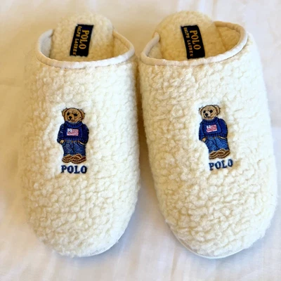Polo Ralph Lauren Women Kayleigh Bear Scuff Mule Slipper Cream Sherpa Fleece 7 - Image 1 of 4