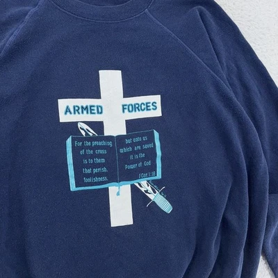 Винтажная толстовка Armed Forces ПОДХОДИТ L/XL Hanes религиозный крест Библия США Иисус - Изображение 1 из 4