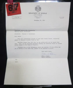Original 1967 Missouri Renewal Tag and Papers for 20th Century Fox Films - Picture 1 of 2