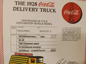 Danbury Mint 1928 Coca-Cola Delivery Truck Certificate Of Title Only, Original - Picture 1 of 2