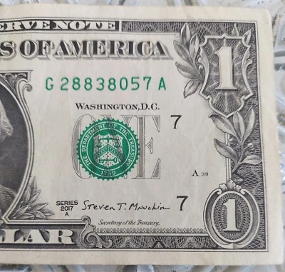 2017 A Series 1 Dollar Bill Misaligned Green Seal Offset Seal Circulated - Image 1 of 3