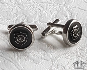 Gothic Black THISTLE CREST CUFFLINKS Silver Victorian Military Emblem Cuff Links - Picture 1 of 3