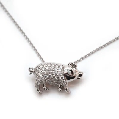 Roberto 硬币全新 Tiny Treasures 18K 白金钻石猪吊坠 18 英寸项链 — 第 1/4 张图片