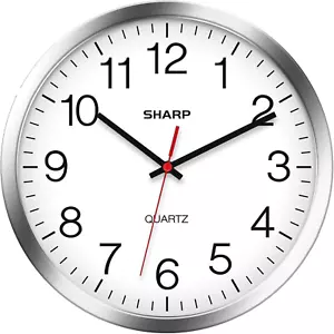 SHARP Wall Clock – Silver/Chrome, Silent Non Ticking 10 Inch Quality Quartz - Picture 1 of 11