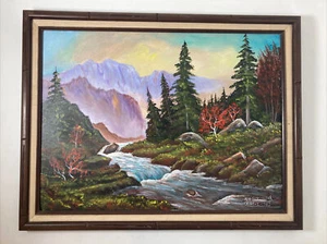 Vintage Original 1980's Oil Painting Canvas -Mountain Stream Landscape -Signed - Picture 1 of 17
