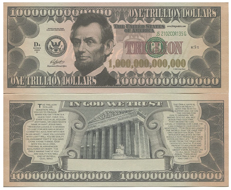 One Trillion Dollars 1,000,000,000,000 Lincoln Novelty Christian Bill Note - Image 1 of 1