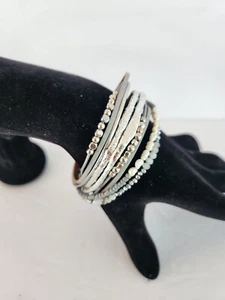 Silver and Grey Leather Bracelet Magnet Clasp Silver Bead Accents Wrap White - Picture 1 of 6