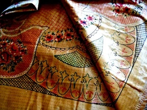 vtg Cotton &Silk Square Tablecloth floral print metal effect  yellow color - Picture 1 of 11