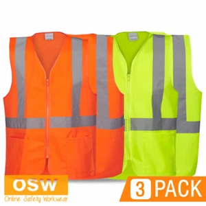 3 x Hi Vis Safety Vests Zipper + Pockets Orange/Yellow Warehouse Day/Night Use - Picture 1 of 6