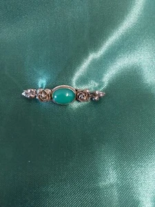 Vintage Germany Sterling Silver Bar Pin W/Green Glass Agate Stone & Roses - Picture 1 of 4