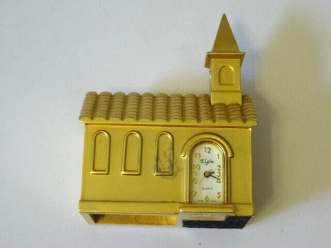 Vintage ELGIN Church Steeple Chapel Collectible Mini Miniature Gold Quartz Clock Cover