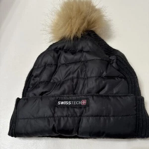Swiss Tech Knit Fur Pom Pom Black Puffy Hat Girls L-XL - Picture 1 of 9