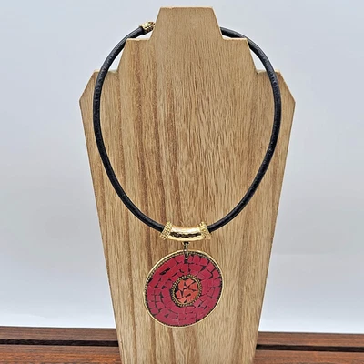 Chico’s Red Mosaic Medallion Necklace on Black Leather Cord, Gold Accents 17-21" - Image 1 of 4