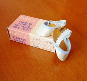 Zapatillas de satén azul Dolly's vintage zapatos de muñeca caja original 1 par 15" B310 EE. UU. - Imagen 1 de 12