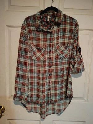 Xhilaration Women's Size S Sheer Plaid Red Flannel Button Up Roll Tab Sleeve - Image 1 of 4