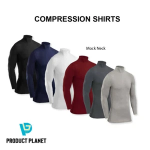 MENS COMPRESSION BASE-LAYER LONG SLEEVE TOP SKIN MOCK NECK TIGHT MUSCLE GYM - Picture 1 of 34