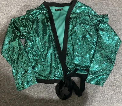 Boohoo Top Womens 14 Sequin Green Black Wrap Tie Waist Lined Sparkle Party Club Foto 1 de 4