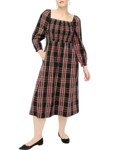 J.Crew Midi Dress Women S Tartan Plaid Smocked Square Neck Long Sleeve Holiday - Picture 1 of 16