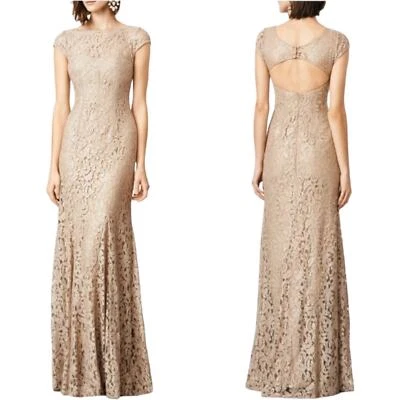 Monique Lhuillier Womens Trumpet Gown Beige Cap Sleeve Lace Cutout Back Lined 2 - Image 1 of 4