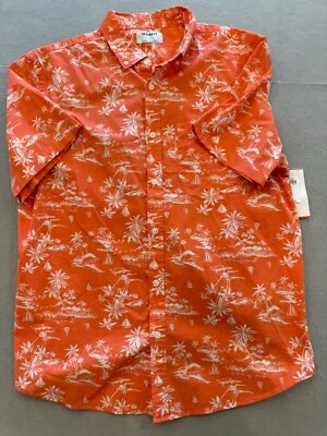 Old Navy Button Down Shirt Men's Large New Flex Coral Hawaiian Palm Collared - Image 1 of 4