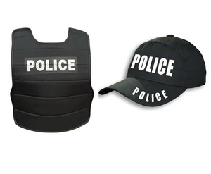 Kids Black Police Vest & Hat Costume Set Childs Fancy Dress Up Costume Set Cops - Picture 1 of 7
