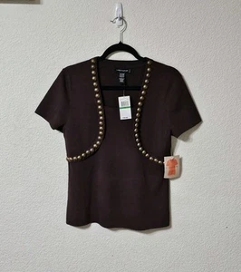Cable & Gauge Blouse Womens L Short Sleeve Button Stretch Pullover Top Brown - Picture 1 of 7