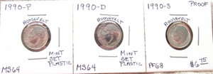 1990-P MINT STATE / 1990-D MINT STATE / 1990-S PROOF ROOSEVELT DIMES - Foto 1 di 7