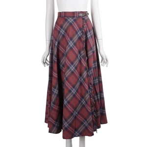 LAURA ASHLEY Vintage Wrap Skirt 4 Red Blue Plaid Cotton A-Line Maxi Fringe Kilt - Picture 1 of 11